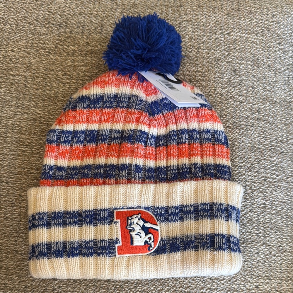 NWT Denver Broncos Striped Knit Beanie with Pom Pom - Blue and Orange